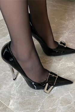 Women's Black Patent Leather Stiletto Heels with Metal Buckle - Pointed Toe Sandals for Autumn Winter 2024 - Sexy Professional Style