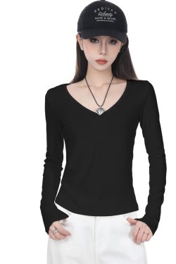 Women's Black V-Neck Fitted Long Sleeve Cotton Top - 2025 Spring Layering Essential for a Slimming Look