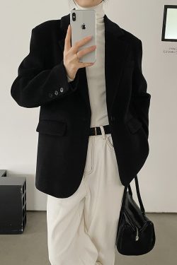 Women's Black Woolen Coat - Elegant Korean Style Loose Casual Slimming Overcoat