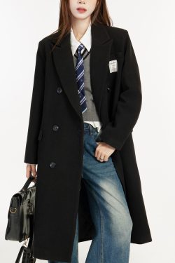 Women's Black Woolen Overcoat - 2025 Spring Thick Hepburn Style Mid-Length Coat for Petite Sizes