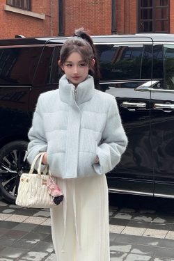 Women's Blue Zipper Stand Collar Short Thickened Warm Down Jacket - Winter Fashion Outerwear
