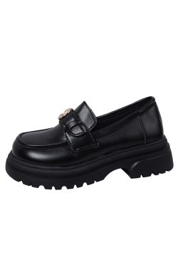 Women's British Style Chunky Heel Loafers - Slip-On Leather Flats for Spring & Autumn - Versatile Japanese JK Design