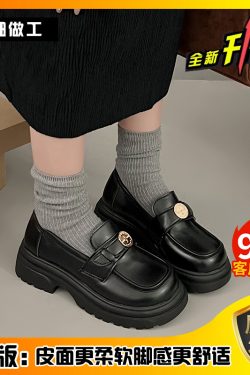 Women's British Style Chunky Heel Loafers - Slip-On Leather Flats for Spring & Autumn - Versatile Japanese JK Design