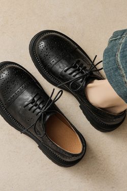 Women's British Style Deep Mouth Lace-Up Brogue Flats, Genuine Leather Round Toe Loafers, College Style Thick-Soled with Fleece Lining