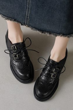 Women's British Style Lace-Up Brogue Leather Shoes, Genuine Sheepskin, Round Toe, Chunky Heel, Belt Buckle Loafers