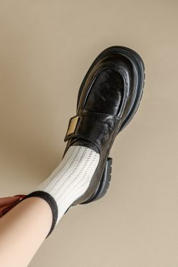 Women's British Style Thick-Soled Loafers, Chunky Heel Retro Leather Flats, Versatile Velcro Casual Shoes for Petite, Genuine Leather