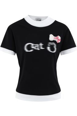 Women's Cat Print Patchwork Short T-Shirt - Fun Fake Two-Piece Design, Slim Fit, Sweet and Spicy, Y2K Style, Short Sleeves