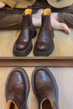 Women's Coffee-Colored Thick-Soled Martin Boots - British Style Streetwear, Elastic Slim Short Boots for Skirts
