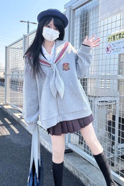 Women's College Style Navy Collar Zipper Hoodie with Pudding Bear Design, Loose Fit Long Sleeve Cardigan, JK Uniform Inspired Fashion