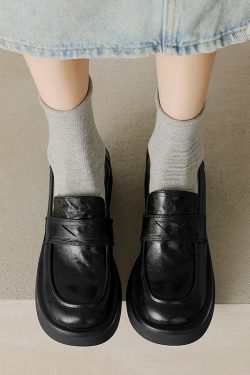 Women's College Style Thick-Soled Round-Toe Loafers, Chunky Heel British Slip-On Leather Shoes, Spring Autumn Height-Increasing Flats
