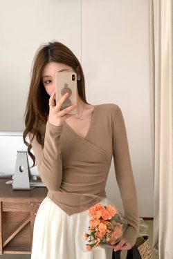 Women’s Cross V-Neck Long Sleeve Knitted Top - Autumn Winter Slim Fit Sexy Style in Pure Desire Korean Fashion