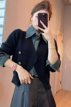 Women's Denim Patchwork Knitted Sweater and Half Skirt Set - Trendy Autumn Winter Two-Piece OOTD for 2024 Fashion
