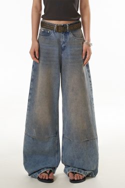 Women's Distressed Straight Leg Jeans - Loose Fit High Street Casual Pants in Dirty Dyed Style