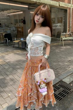 Women's French Floral Print A-Line Half Skirt with Lace Ruffle Design - Summer Slimming Short Skirt for Trendy Style
