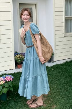 Women's French Puff Sleeve Denim Dress - Retro Sweet Waist-Cinching A-Line Long Skirt for Summer 2025, Y2K Trend