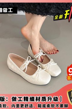 Women's French Silver Mary Jane Shoes, Summer 2025 Style, Bow Detail, Shallow Mouth Ballet Flats with Height Increase