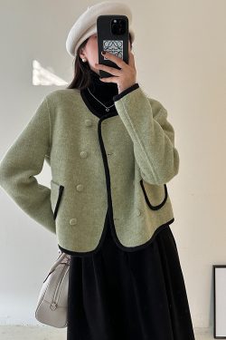 Women’s Green Wool Double-Sided Short Coat - Autumn Winter Tea Style Petite Fragrant Wind Jacket