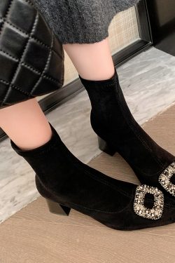 Women's High-Heeled Chunky Heel Suede Ankle Boots with Flashy Rhinestone Square Buckle and Square Toe - Glamorous Fashion Statement
