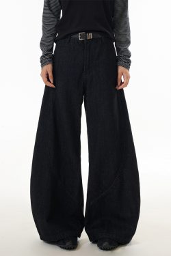 Womens High Street Washed Curved Blade Wide-Leg Jeans - Trendy Clean Fit Slimming 90s Inspired Fashion Pants