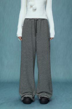 Women's High-Waisted Wide-Leg Striped Pants - Loose BF Style for Autumn/Winter 2024, Casual Chic Glutinous Rice Trousers