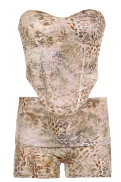 Women's Irregular Strapless Animal Print Tank Top and Shorts Two-Piece Set - European and American Vacation Style