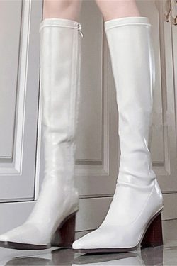 Women's Knee-High Chunky Heeled Riding Boots - White Genuine Leather, Pointed Toe, Side Zipper, Autumn Winter 2022 Fashion