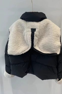 Women's Korean Style Spliced Lamb Wool Down Jacket - 80% Duck Down, Autumn & Winter Short Coat
