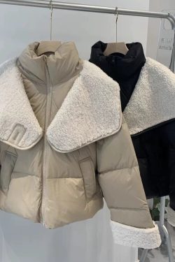 Women's Korean Style Spliced Lamb Wool Down Jacket - 80% Duck Down, Autumn & Winter Short Coat