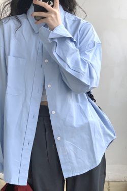 Women's Long Sleeve Blue Shirt - French Spring Autumn Style Top for 2025, Chic Commuter Fashion