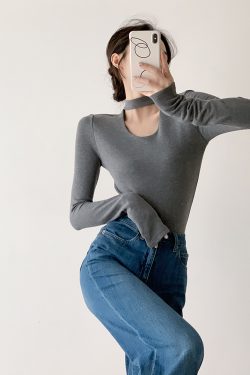 Women's Long Sleeve Fleece Hollowed-Out U-Neck Halter Top - Comfortable Slim Fit Shirt for Casual Wear
