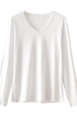 Women's Long Sleeve Mulberry Silk Cotton T-Shirt - White Round V-Neck Top for Spring Autumn, Soft Base Layer, Xinjiang Long Staple Cotton
