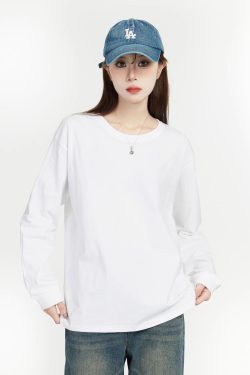 Women's Long Sleeve Round Neck T-Shirt - Japanese Style Solid Color Casual Cotton Top, 2025 Spring Versatile Layering Essential