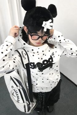 Women’s Loose Fit Hooded Sweatshirt with Sausage Dog Print, Long Sleeve, Early Spring Style, College-Inspired Lazy Wave Dot Design