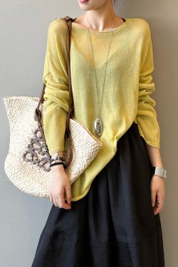 Women's Loose-Fit Knitted Sweater - Thin Linen Blend, Long Sleeve Round Neck, 2025 Summer Sun Protection Cover-Up