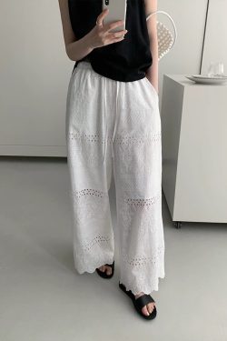 Women's Loose-Fitting Wide-Leg Pants with Elastic Waist, Hollow-Out Design, Slimming Versatile Trousers for Summer 2025