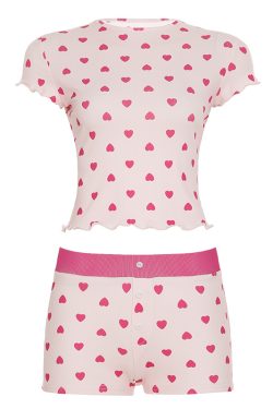 Women's Love Heart Print Short Sleeve Pajamas Set - Casual Two-Piece Homewear Outfit in European American Style