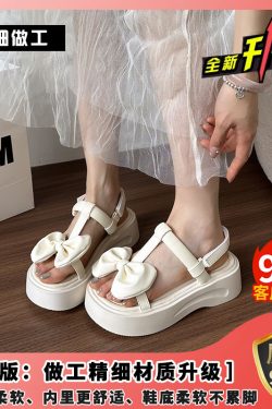 Women's One-Word Sandals, Summer 2025 French Retro Bowknot Thick-Soled Roman Beach Shoes, Perfect for Skirts and Casual Outfits