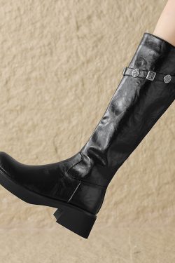 Women's Over-the-Knee Knight Boots 2023 - Vintage Chunky Heel, Thick Sole, Genuine Leather, Round Toe, Belt Buckle Detail