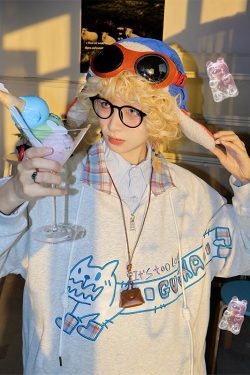 Women's Oversized Cartoon Print Half-Zip Sweatshirt, Retro American Style, Long Sleeve for Early Spring, Y2K Fashion