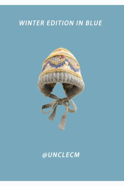Women's Oversized Knitted Wool Beanie Hat - Blue Ear-Protecting Design for Autumn and Winter, Flattering Style