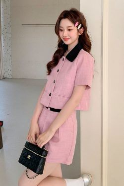 Women's Pink Color-Blocking Two-Piece Set - Summer 2025 Short Sleeve Top and Shorts for Petite Sizes, Trendy Casual Fashion