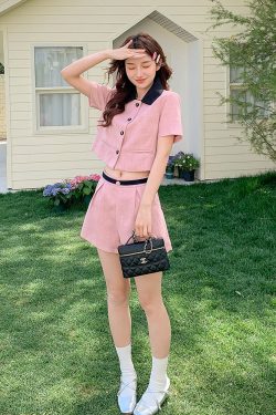 Women's Pink Color-Blocking Two-Piece Set - Summer 2025 Short Sleeve Top and Shorts for Petite Sizes, Trendy Casual Fashion