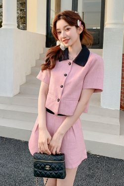 Women's Pink Color-Blocking Two-Piece Set - Summer 2025 Short Sleeve Top and Shorts for Petite Sizes, Trendy Casual Fashion