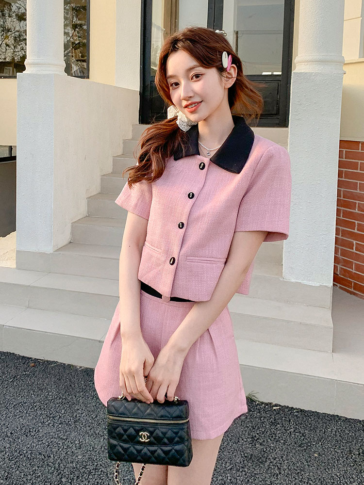 Women's Pink Color-Blocking Two-Piece Set - Summer 2025 Short Sleeve Top and Shorts for Petite Sizes, Trendy Casual Fashion