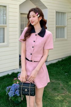 Women's Pink Color-Blocking Two-Piece Set - Summer 2025 Short Sleeve Top and Shorts for Petite Sizes, Trendy Casual Fashion