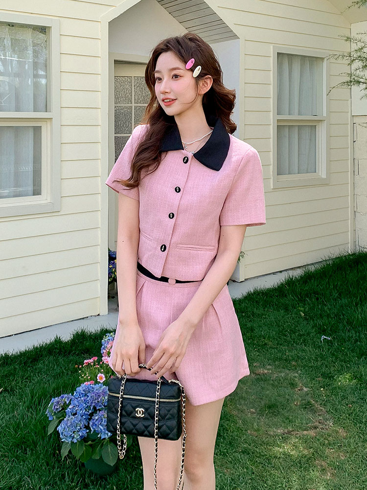 Women's Pink Color-Blocking Two-Piece Set - Summer 2025 Short Sleeve Top and Shorts for Petite Sizes, Trendy Casual Fashion