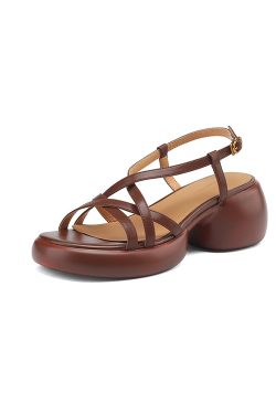 Women's Platform Thick-Soled Sandals with Cross Straps, Chunky Heels, Open-Toe Genuine Leather, Summer 2023 Fashion