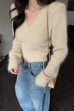 Women's Raccoon Fur V-Neck Pullover Sweater, Fitted Waist with Drawstring, Autumn Winter Layering Essential
