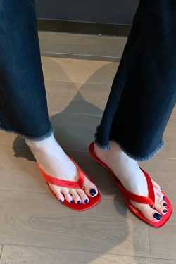 Women's Red Square-Toe Sheepskin Flip-Flops, Stylish Thin-Heeled Sandals for Comfort and Versatility