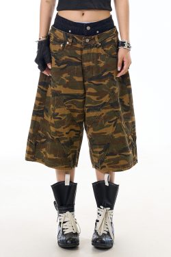 Women's Retro Camouflage Color-Blocking Seven-Point Pants - American Style Workwear, Streetwear Inspired Niche Shorts